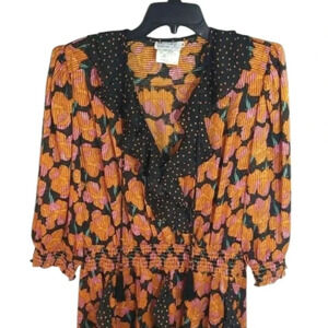 {Montage By Mosaic} 1980s Vintage Orange Black Floral Polka Dot Ruffled …